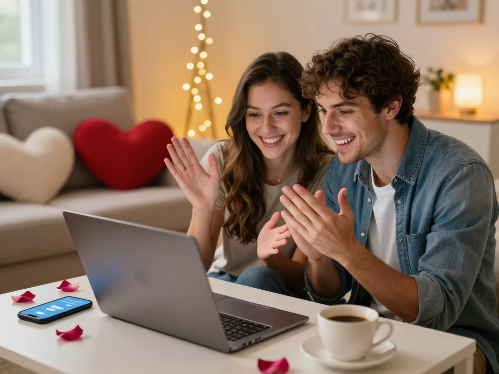 Couple connecting on f168.com through video chat, warm cozy setting with romance elements.