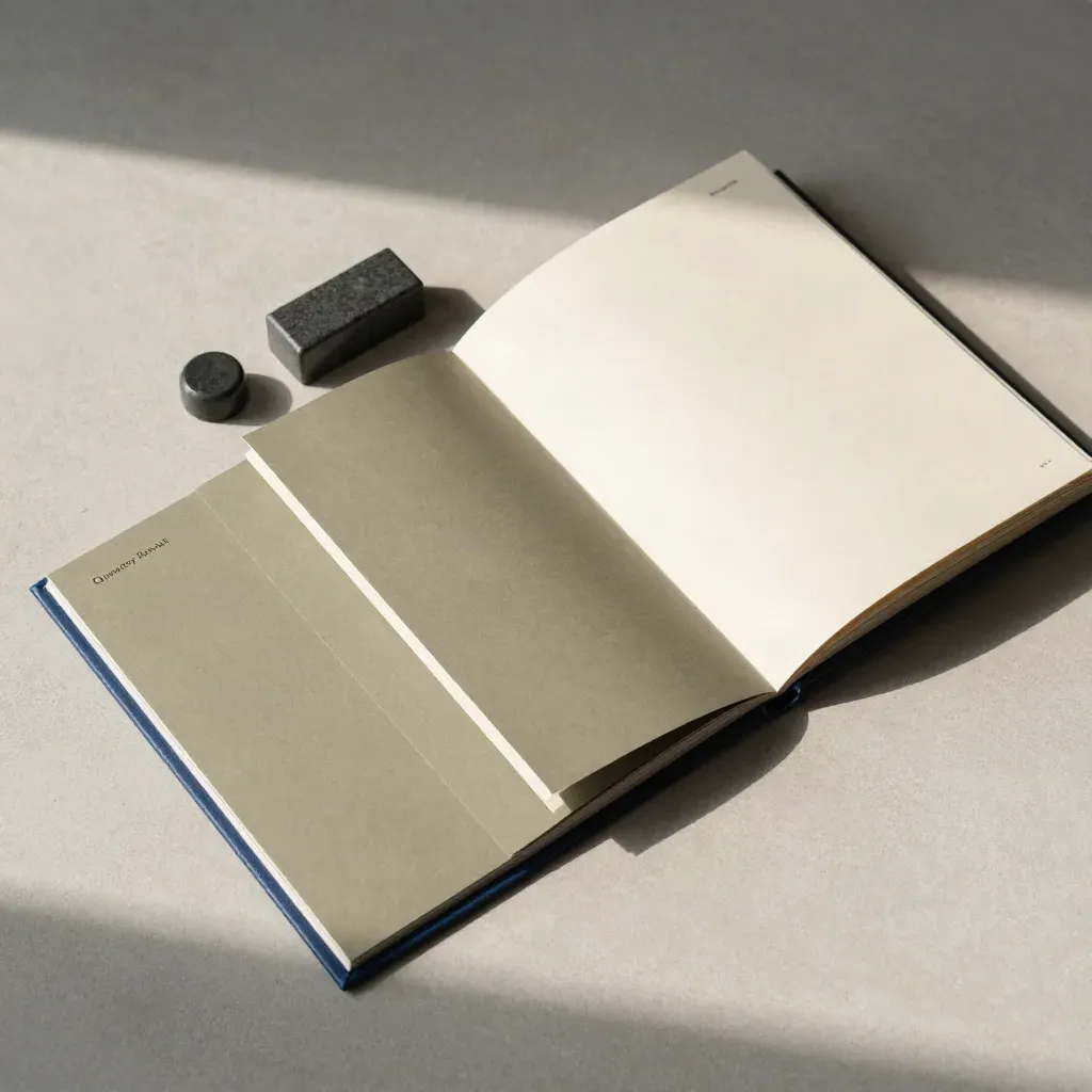 Overhead flatlay van reviewmap, tabkaarten, basaltsteen en werkboek op licht beton.