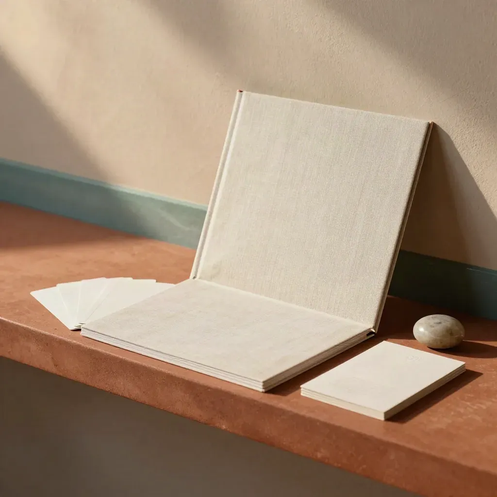Linnen folio met kaarten en steen op warme terracotta onder zacht daglicht