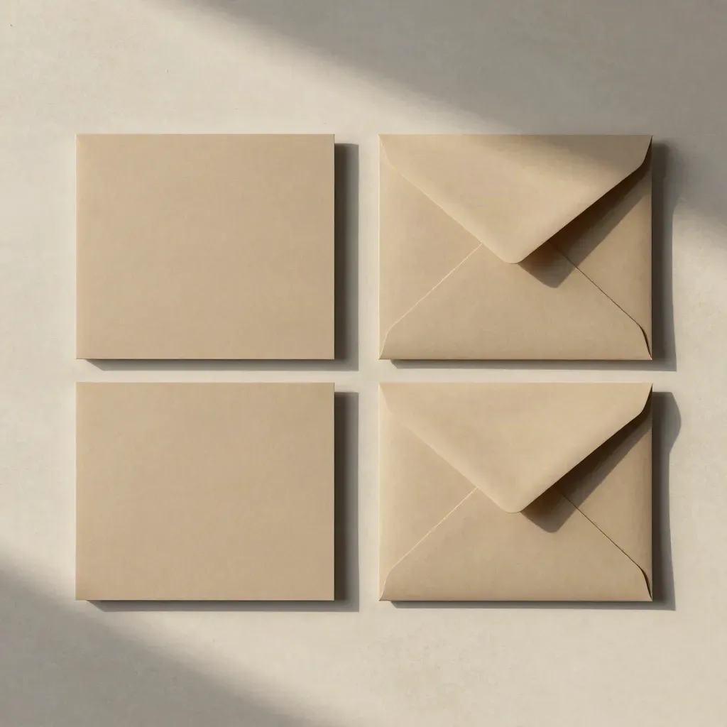 Overhead flatlay van een aanbodbundel met tabbladen, kaarten en envelop op zandsteen.