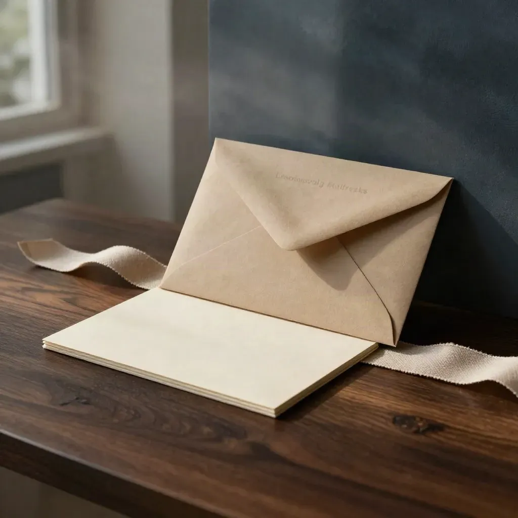 Envelop met twee kaarten en linnen lint op een donkere tafelrand